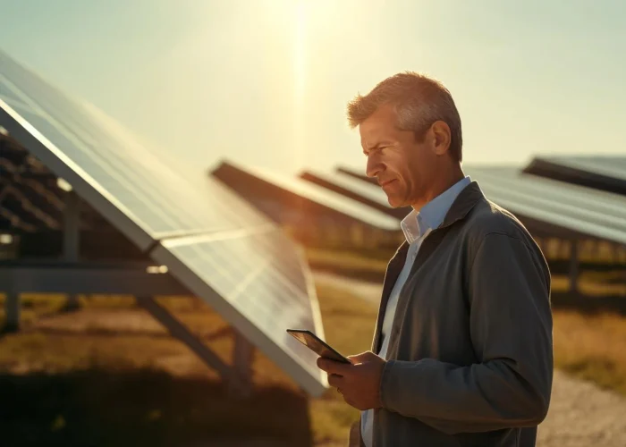 Homem-com-Celular-na-Frente-de-Painel-Solar